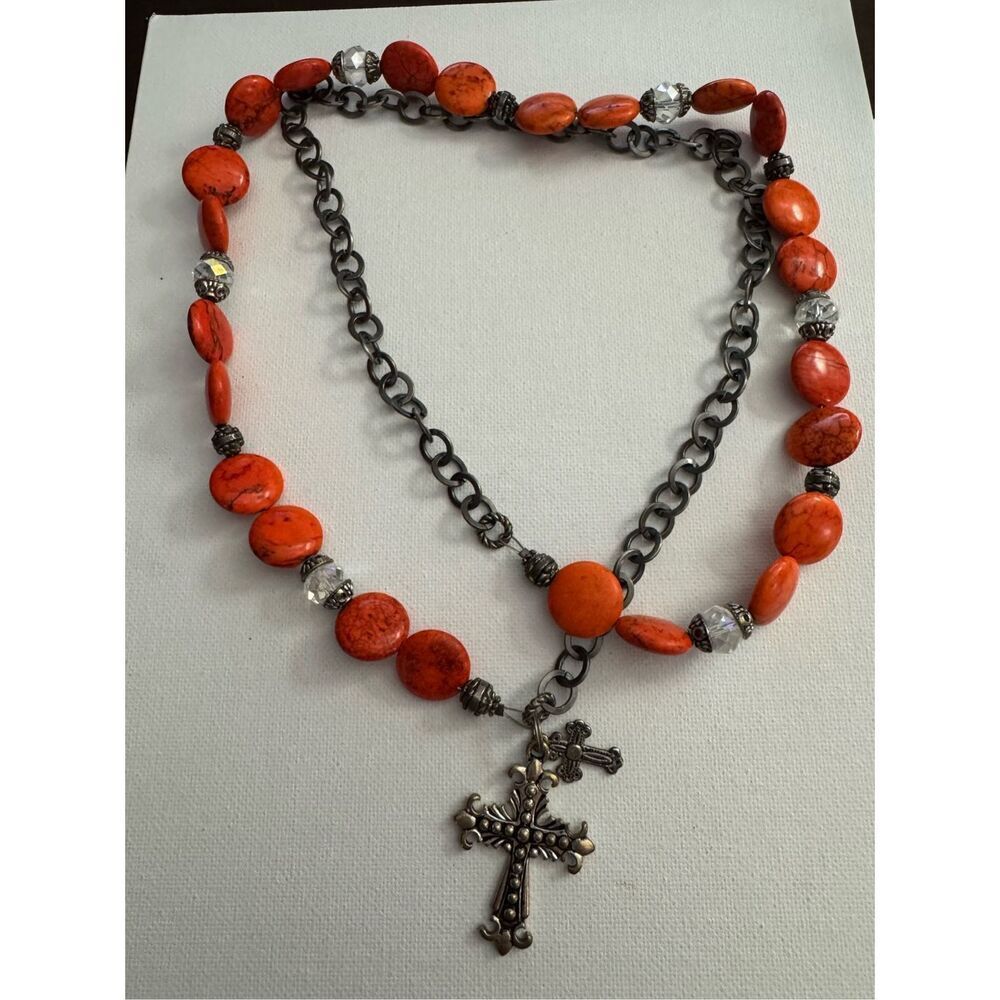 Womens Western orange beaded rhinestones long chain lariat cross necklace layer